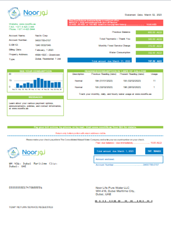 Noor Life Pure Water LLC utility business bill,  SCR PSD template